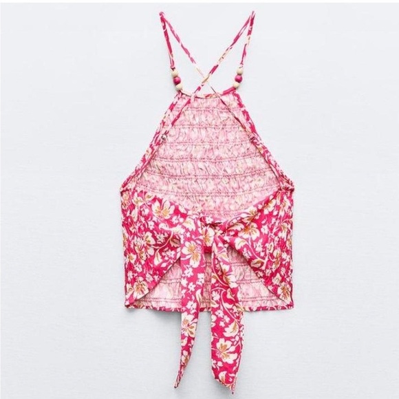 Zara Floral Pink Halter Crop Top Stretch elastic smocking wrap top in L- NWT - Picture 3 of 8